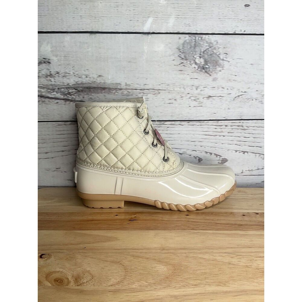 So Rain Boots Womens Size 9,5 M Gulf Quilted Zip-Up & Laced Ivory Duck Boots